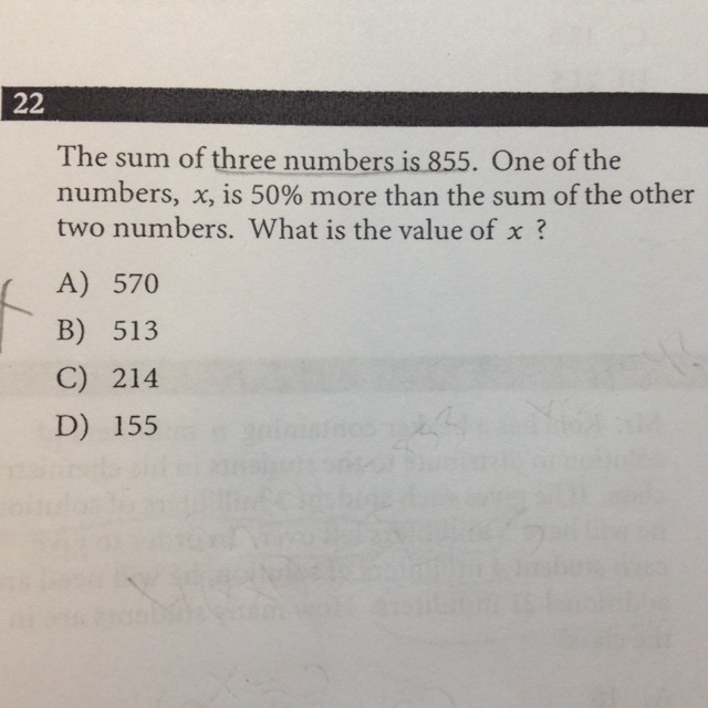 I actually have no clue how to do this! The sum of three numbers is 855. One of the-example-1