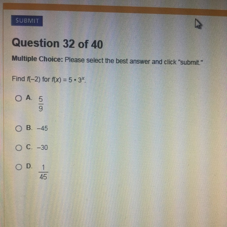 Easy! Help and Get Brianliest !! Find f(-2) for f(x) =5•3^x.-example-1