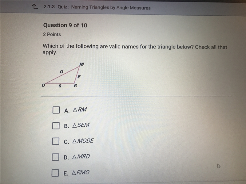 Which of the following are valid names for the given triangle?-example-1