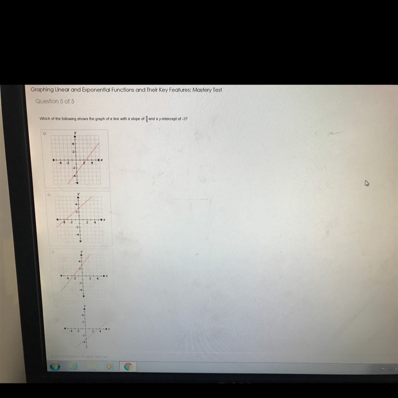 Which of the following shows the graph of a line with a slope of 6/5 and a y intercept-example-1