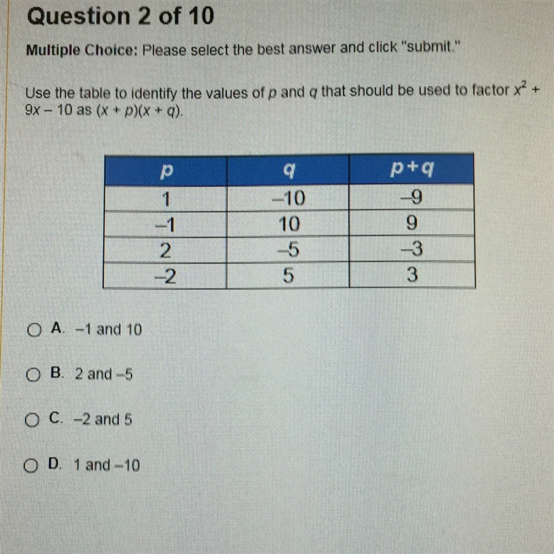 Use the table to identify the values of p and q that should be used to factor x^2+9x-example-1