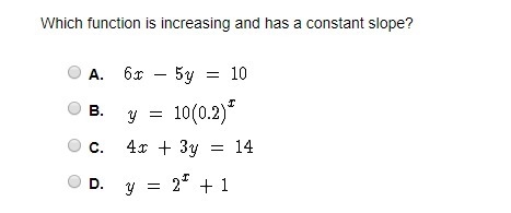 Which function is increasing and has a constant slope?-example-1