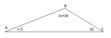 3. Triangle ABC has angle measures as shown. a) What is the value of x? Show your-example-1