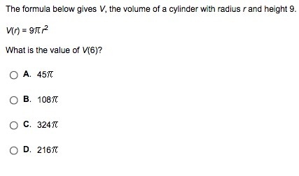 The formula below gives V, the volume of a cylinder with radius r and height 9. V-example-1