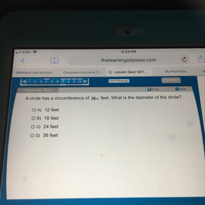 A circle has a circumference of 36 feet what is the diameter of the circle ?-example-1