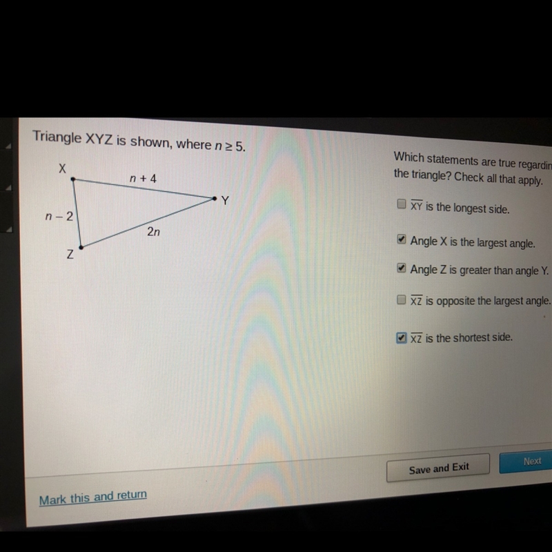 Which statements are true regarding the sides and angles of the triangle? CHECK ALL-example-1