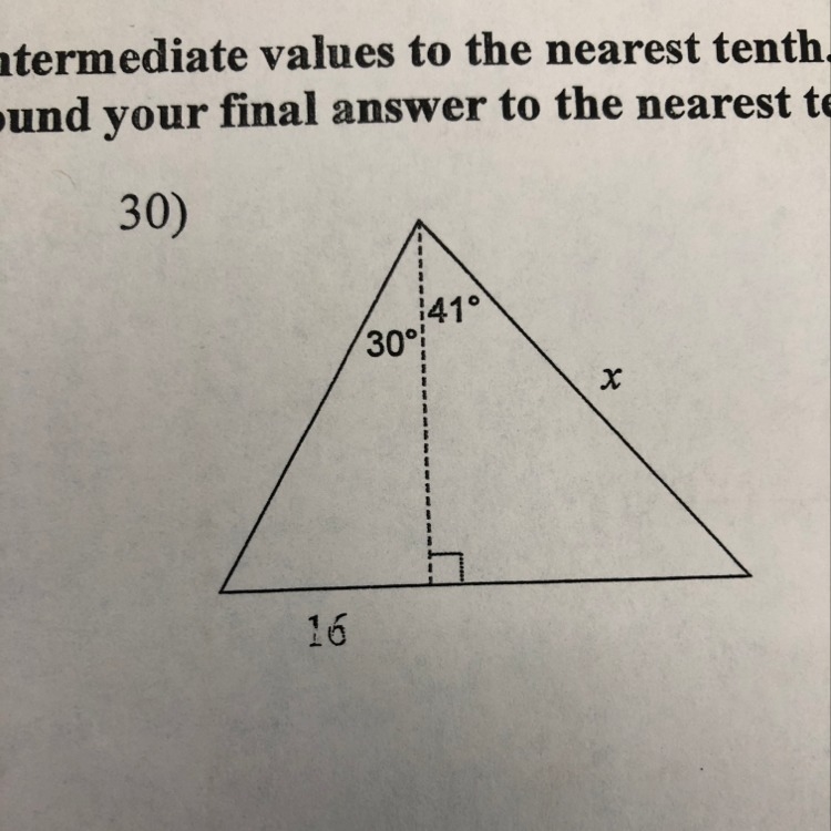 Find the length of the side labeled x. Round intermediate values to the nearest tenth-example-1