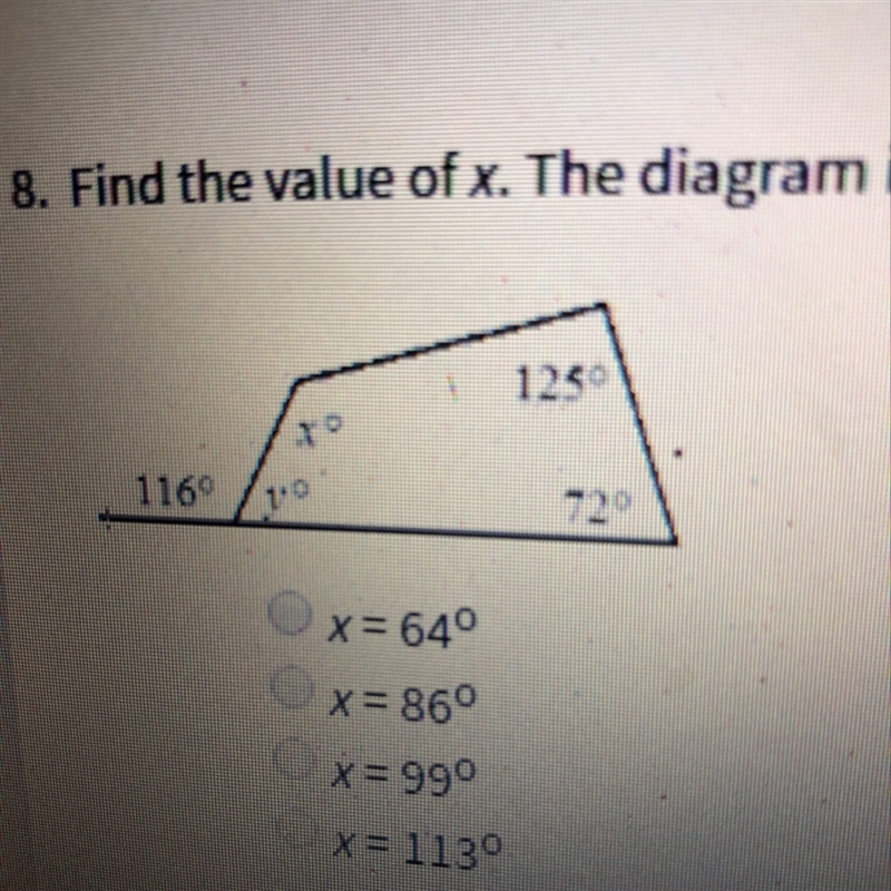 Find the value of x a. X=64 b. X=86 c. X= 99 d. X= 113-example-1