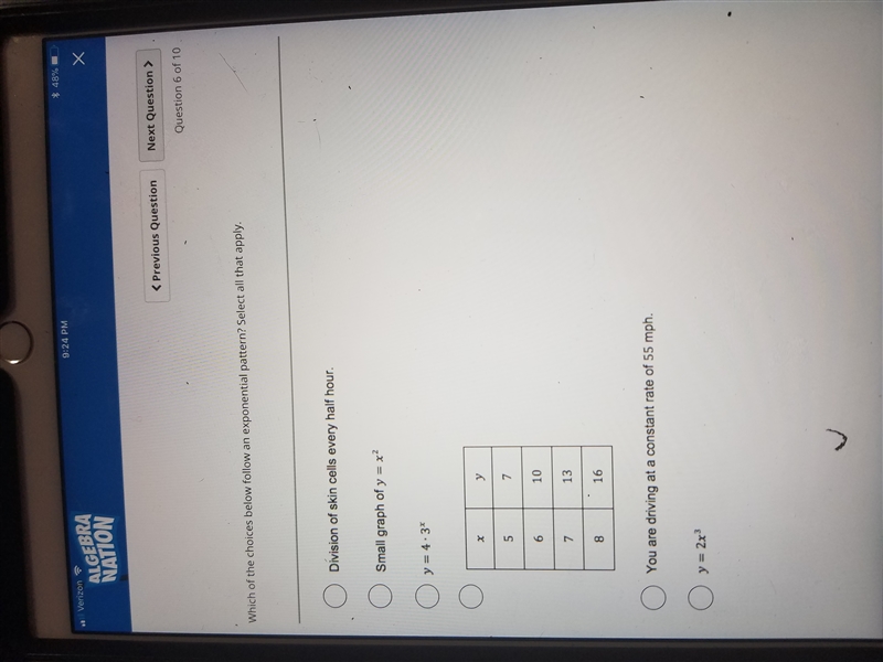 Which of the choices below follow an exponential pattern? Select all that apply-example-1