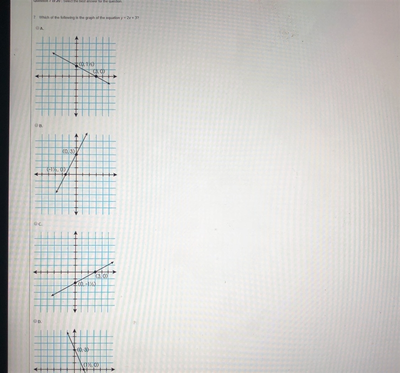 Which of the following is the graph equation y=2x+3?-example-1