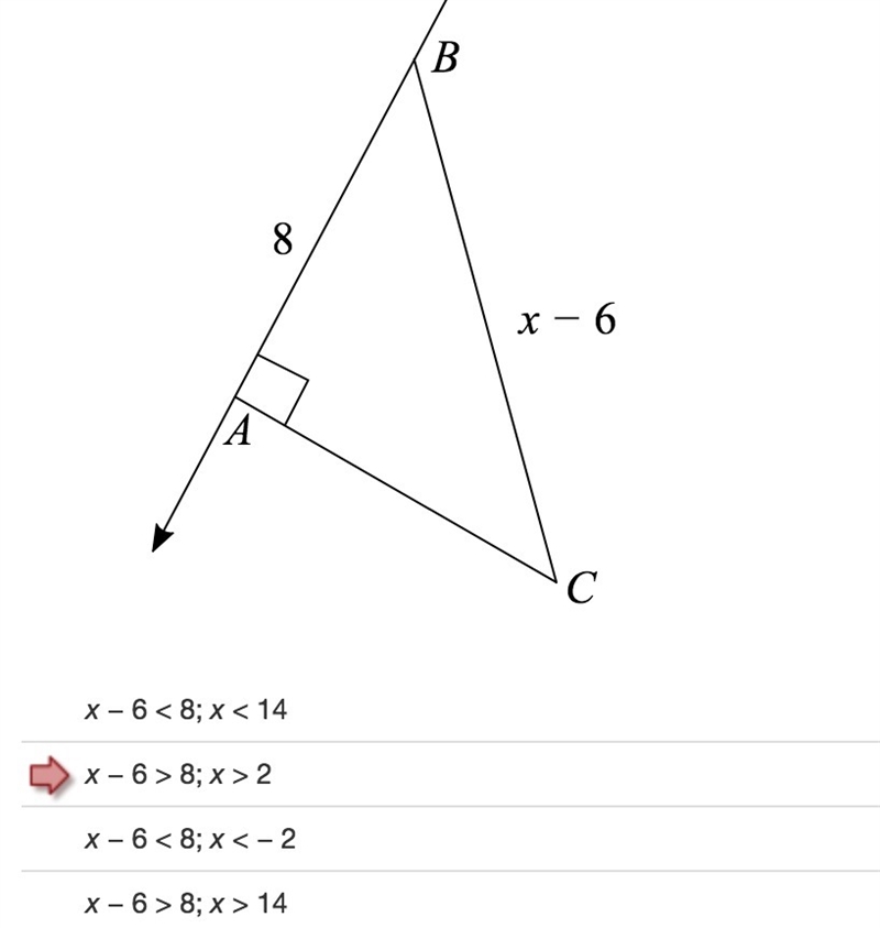 Write and solve an inequality for x. The answer with the red arrow is wrong!-example-1