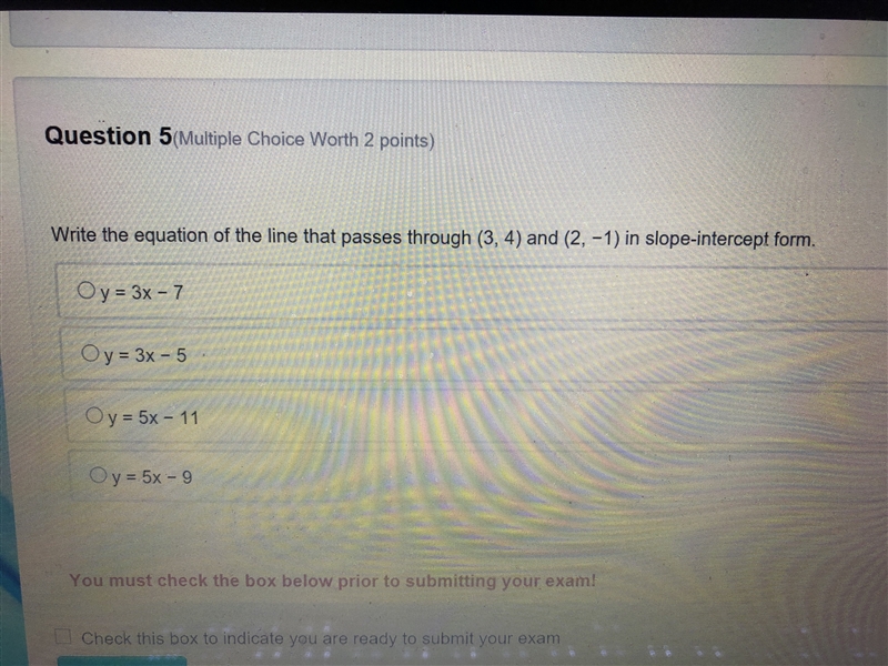 Write the equation of the line that passes through (3, 4) and (2, -1) in slope intercept-example-1