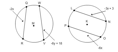 Circles M and K are congruent, QR is congruent to LN and OP is congruent to VW. Find-example-1