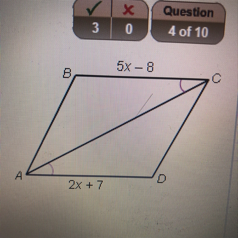 Find the value of x for which ABCD must be a parallelogram.-example-1