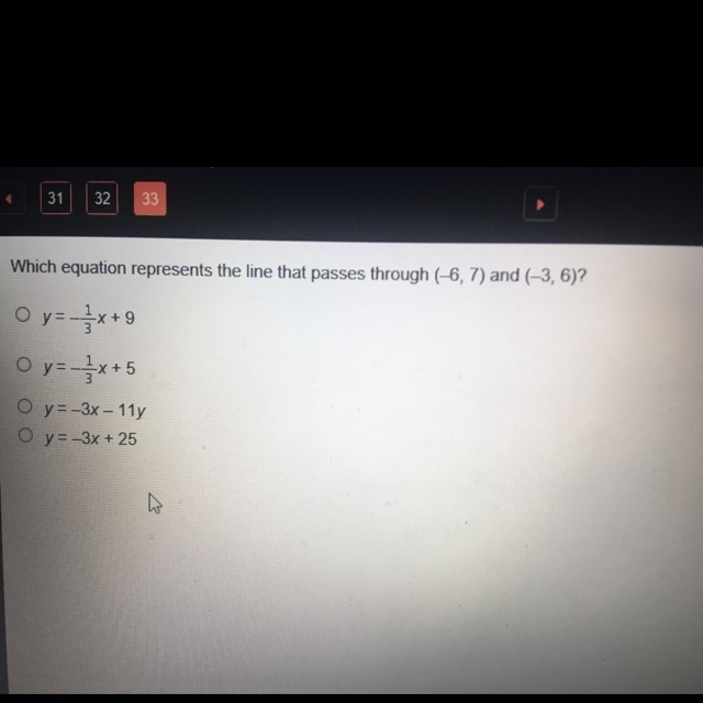 Which equation represents the line that passes through (-6, 7) and (-3, 6)-example-1