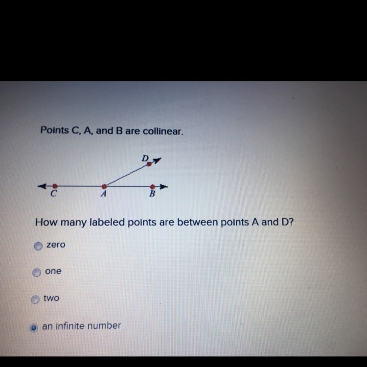 Points c, a and b are collinear how many labeled points are between points a and d-example-1