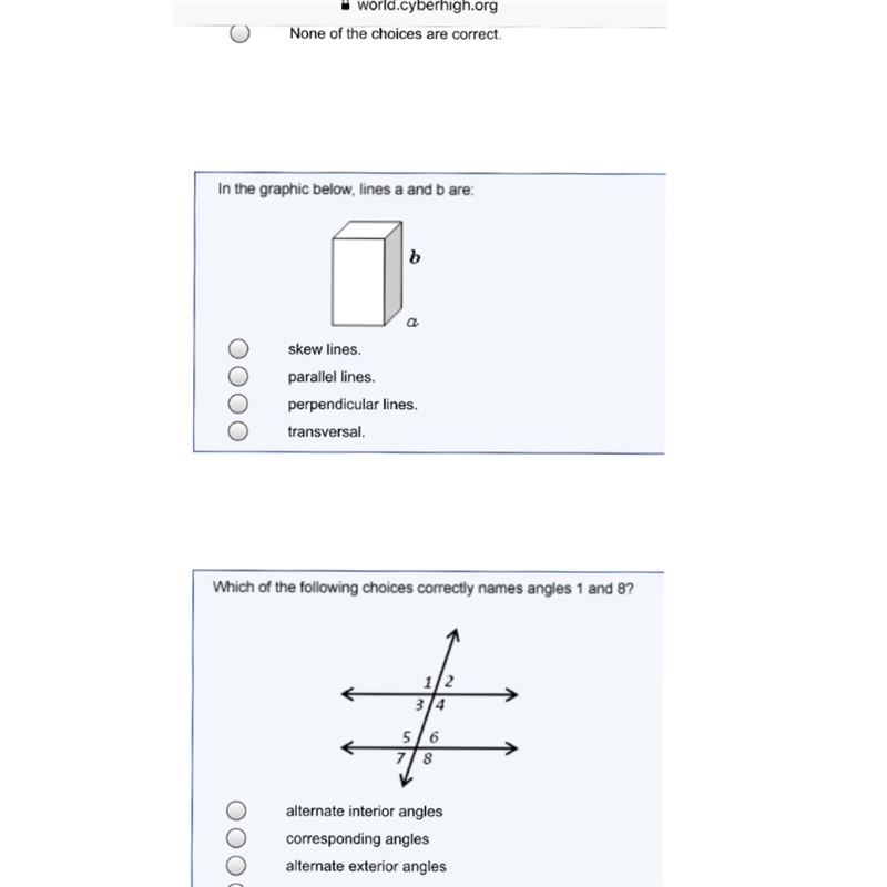 In the graphic below lines a and b are Which of the following choices correctly names-example-1