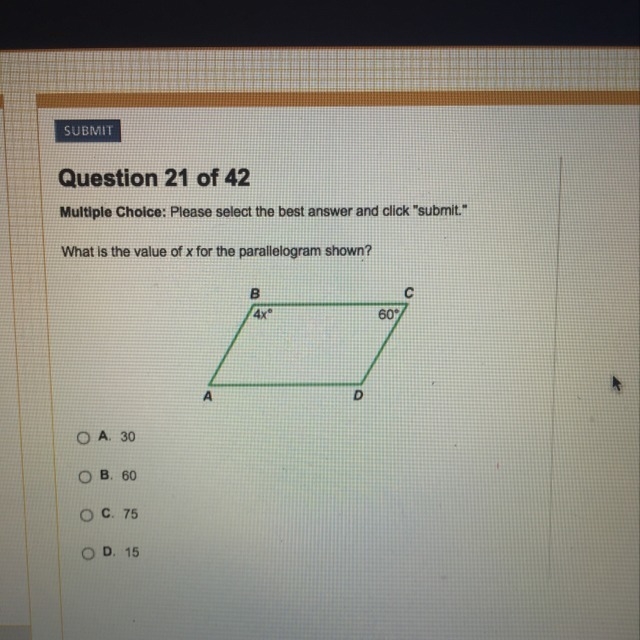 What’s the value of x for the parallelogram shown???!!! Please help!-example-1