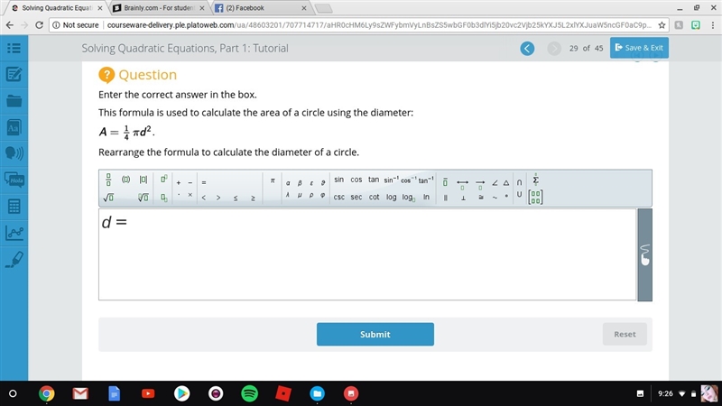 Rearrange the formula to calculate the diameter of a circle.-example-1