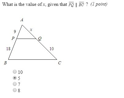 (12) Using the side-splitter theorem PB/PA = QC/QA 18/9 = 10/x Cross multiply into-example-1