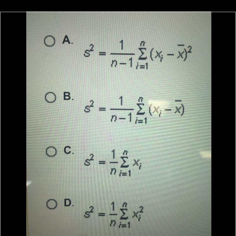 Which of the following is the formula used to calculate the variance of a set of data-example-1