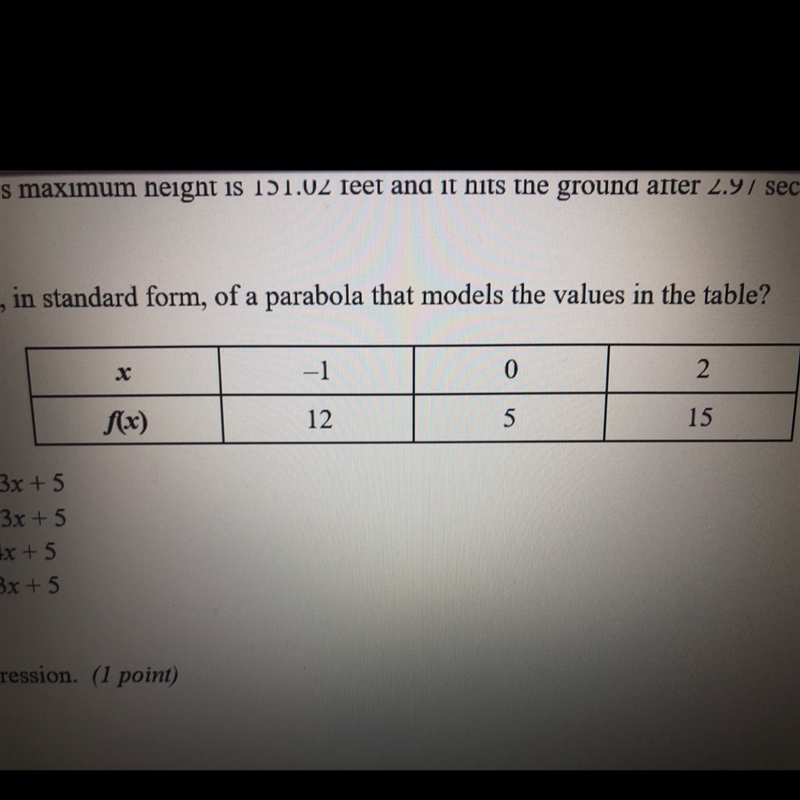 What is the equation in standard form of a parabola that models the values in the-example-1