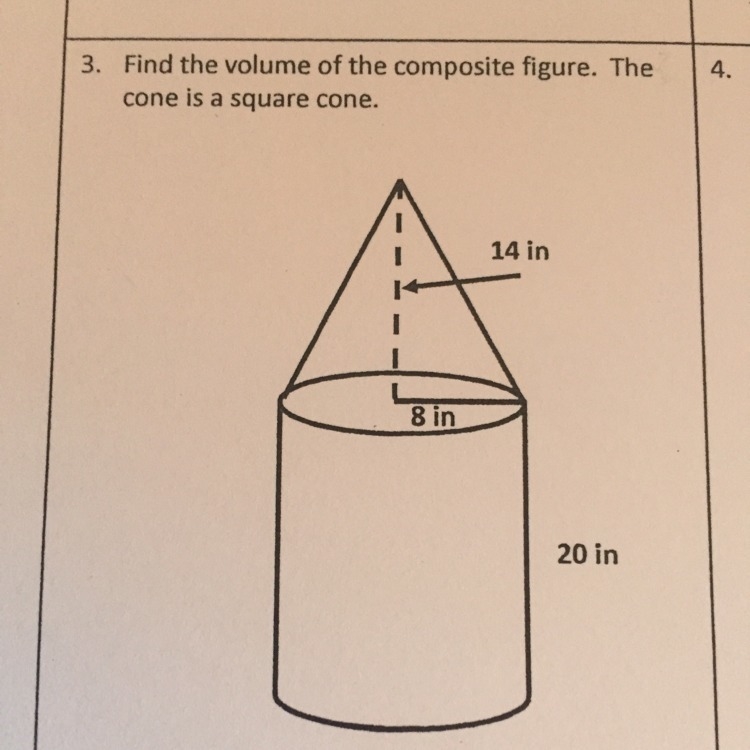 Find the volume of the composite figure. The cone is a square cone-example-1