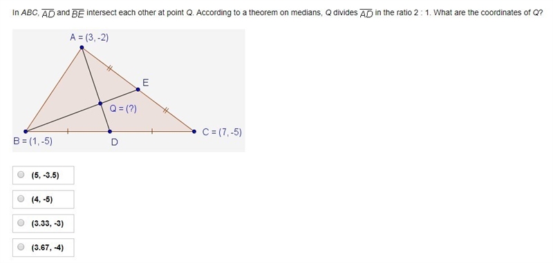 In ABC, and intersect each other at point Q. According to a theorem on medians, Q-example-1