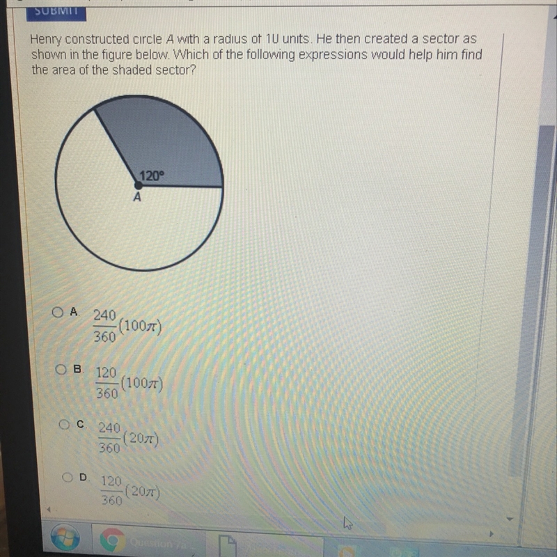 Henry constructed Circle a with a radius of 10 units. He then created a sector as-example-1