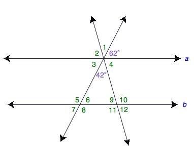 Consider that lines a and b are parallel. What is the measurement of ∠12? A) 42 degrees-example-1