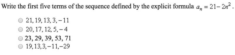 Write the first five terms of the sequence defined by the explicit formula-example-1