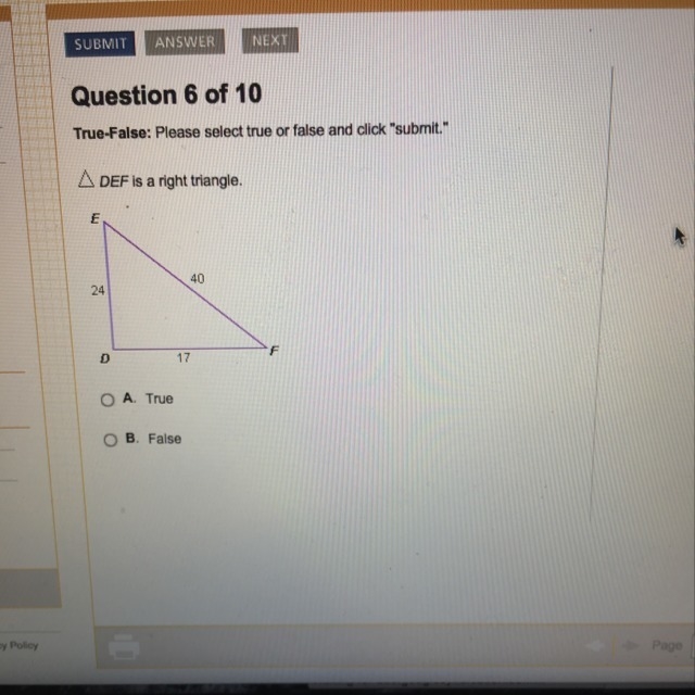 Is DEF a right triangle? True or false-example-1