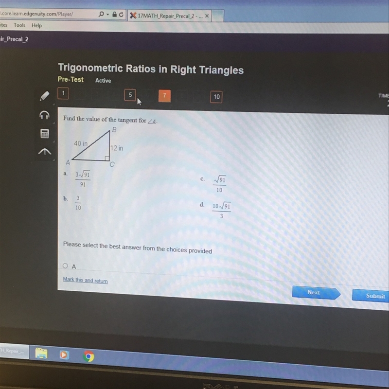 Find the value of tangent for angle A-example-1