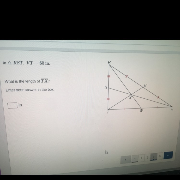 In triangle RST, VT =60 in. What is the length of TX?-example-1