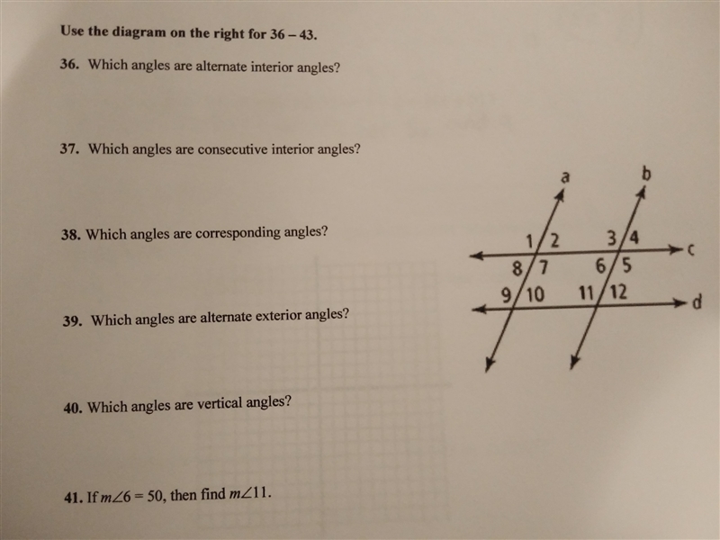 Is anybody good at Geometry? "Use the diagram on the right for 36-43."-example-1