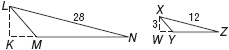 LMN ~ XYZ with altitudes KL and WX (line over the top of KL & WX). Find KL.-example-1