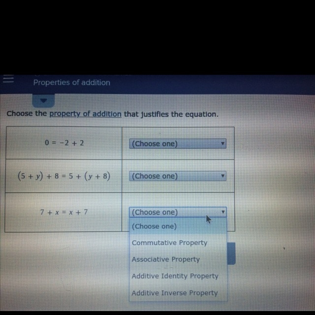 prealgebra.. please help... examples for each one are commutative property, associative-example-1