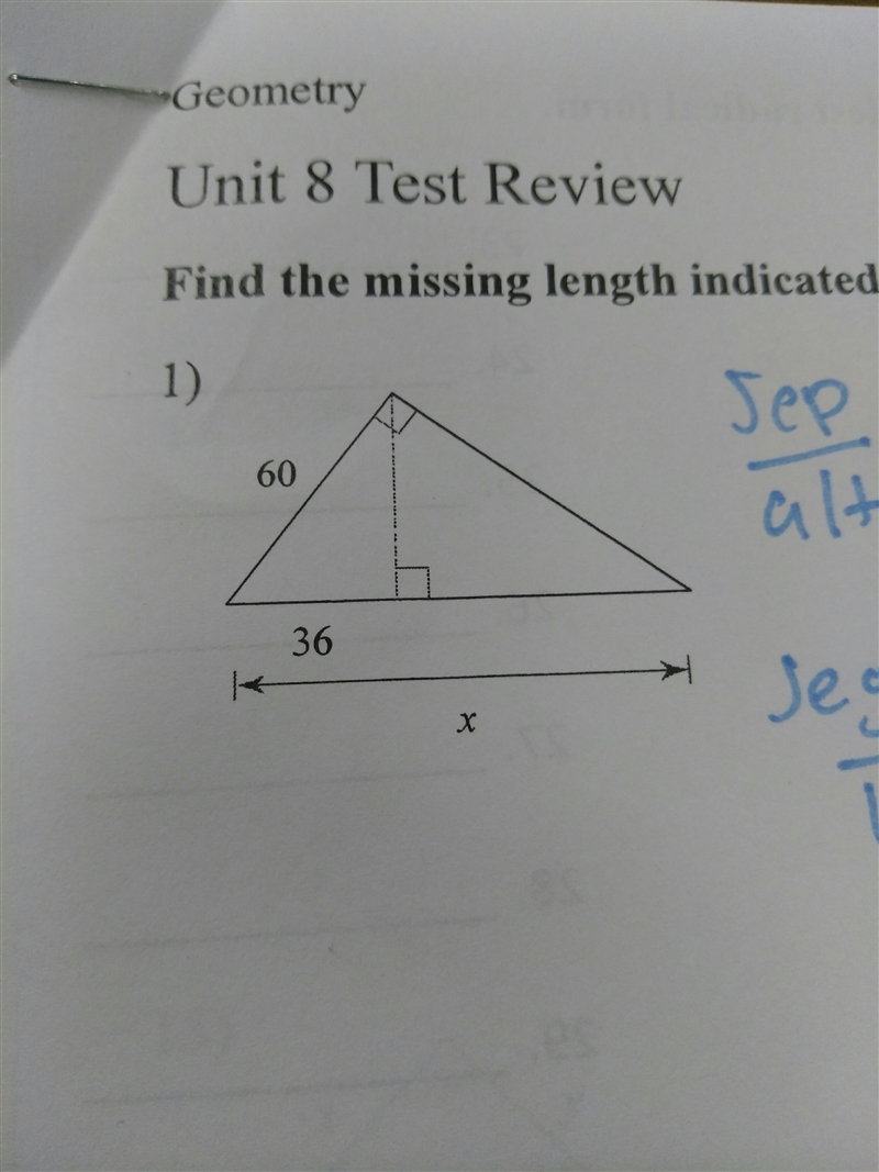 Find the missing length indicated. leave your answer in simplest radical form-example-1