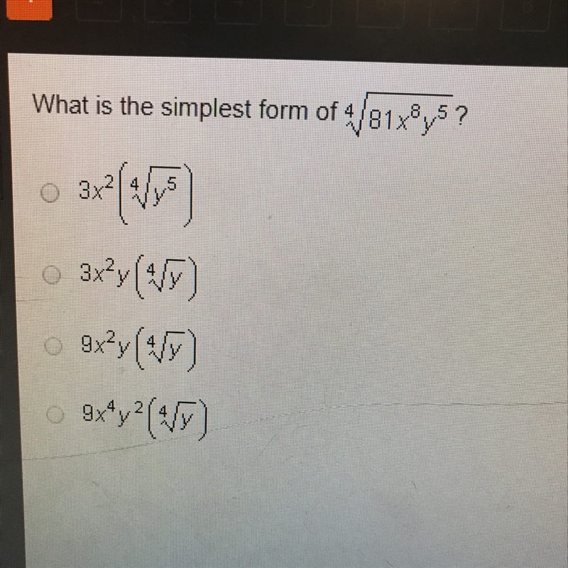 What is the simplest form of 4 square root 81x^8y^5?-example-1