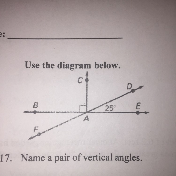 Name a pair of vertical angles-example-1