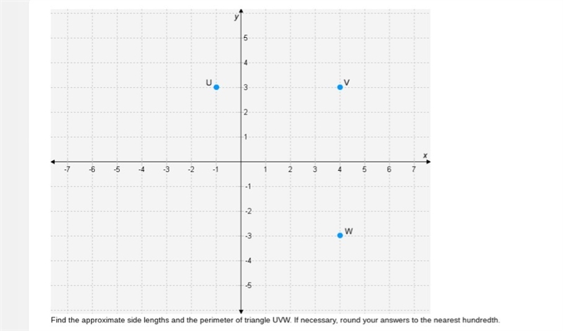 HELP ME! Find the approximate side lengths and the perimeter of triangle UVW. If necessary-example-1