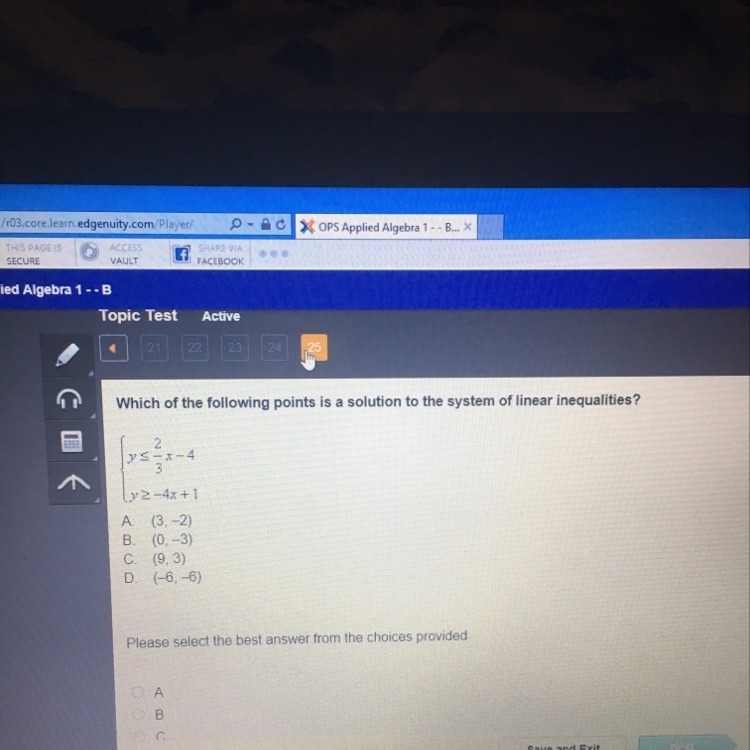 Which of the following points is a solution to the system of linear inequalities?-example-1