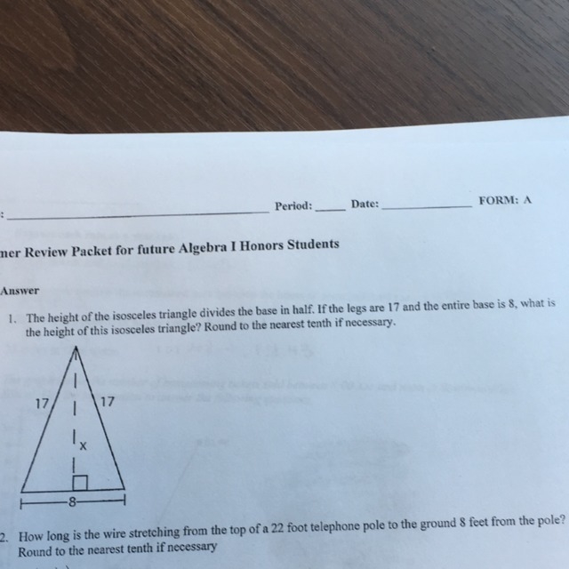 The height of the isosceles triangle divided the base in half. If the legs are 17 and-example-1