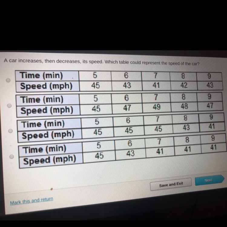 I need helpppp: A car increases, then decreases, its speed. Which table could represent-example-1