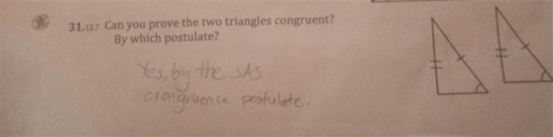 Can you prove the two triangles congruent? By which postulate? (Ignore written answer-example-1