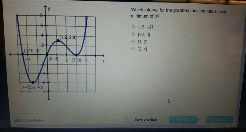 Which interval for the graphed function has a local minimum of 0?-example-1