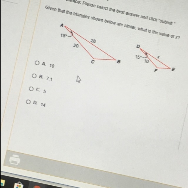 Give that the triangles shown below are similar, what is the value of x-example-1