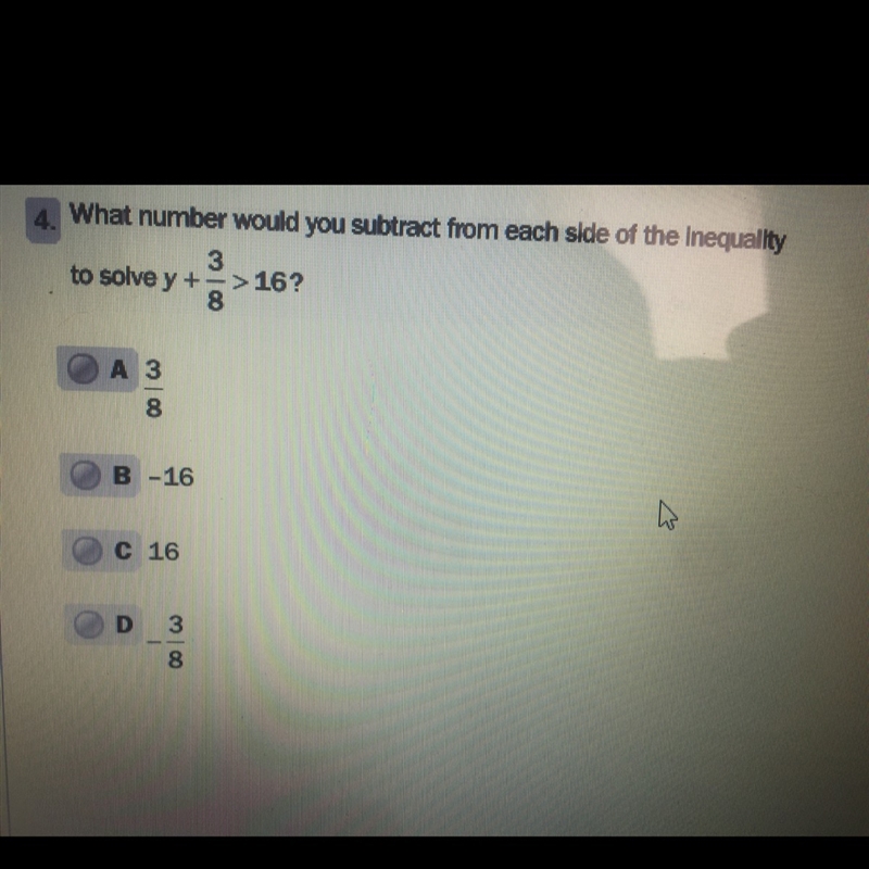 Hat number would you subtract from each side of the inequality to solve y+ 3/8&gt-example-1