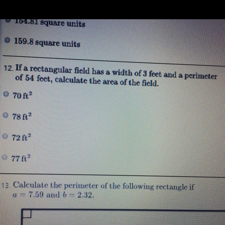 If the rectangular filed has a width of 3 feet and a perimeter of 54 feet , calculate-example-1