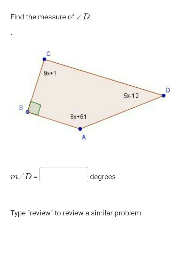 Find the measure of ∠D∠D.-example-1